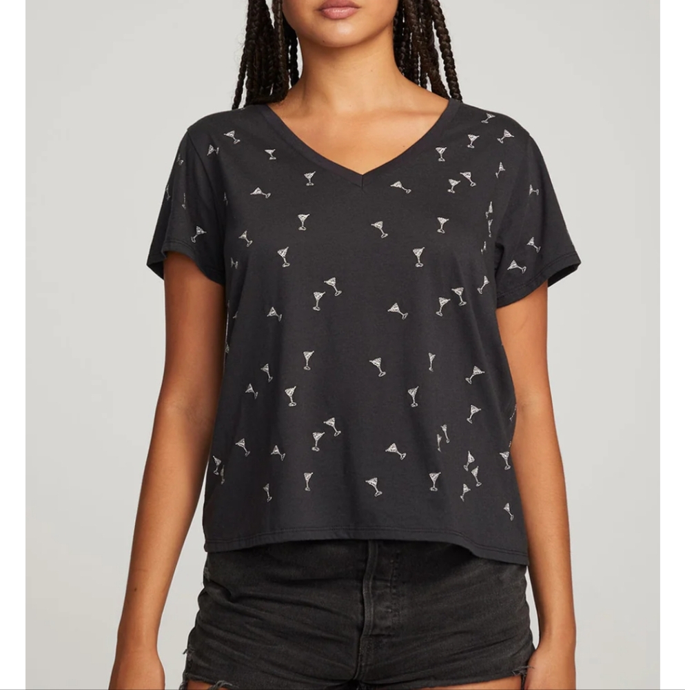 Chaser Silver Martinis T Shirt Embroidered Small NWT Black